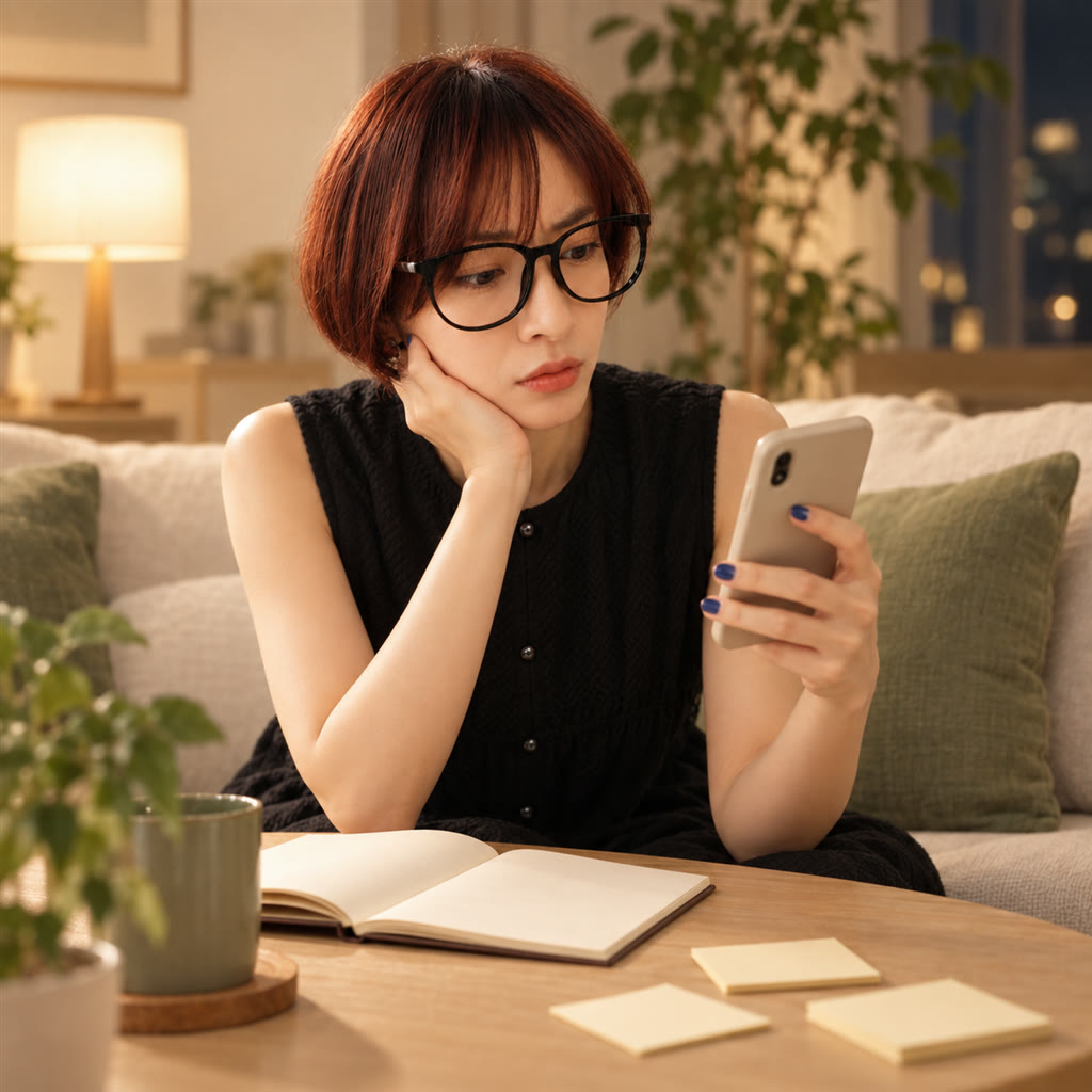 スマホを見ながらGPTのリンクを探して困っている様子